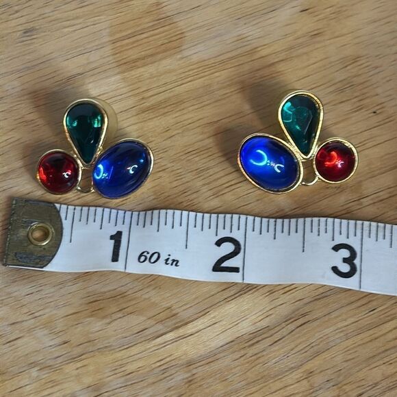 Art Deco Clear Red Blue and Green Cabo Style Glass Statement Post Earrings - Picture 5 of 5